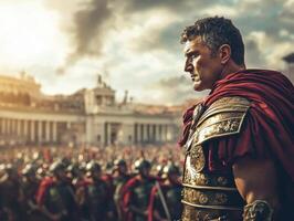 Roman soldier stands proud in ancient battle setting at sunset photo