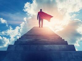 Heroic ascent toward a bright future with clouds and sun photo
