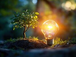 Light bulb and small tree illuminated in a serene natural setting photo