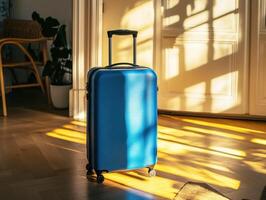 Sunlight creates shadows around a bright blue suitcase in a room photo