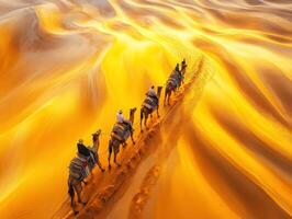 Camel caravan traverses golden sand dunes at sunset in desert photo