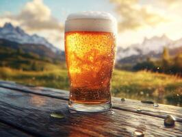 Enjoying a refreshing beer in a scenic mountain setting photo