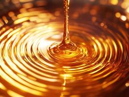 Golden honey drizzling and creating ripples in shallow dish photo