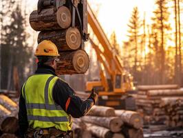 Worker operating equipment in logging site during sunset hours photo