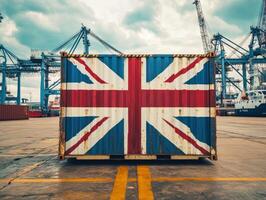 Shipping container displays British flag at busy port scene photo