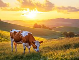 Cow grazing in golden fields during sunset in serene landscape photo
