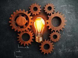 Creative light bulb surrounded by wooden gears on dark background photo