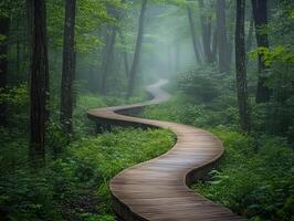 Winding wooden path through a foggy green forest photo