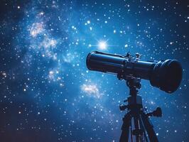 Exploring the night sky with a telescope under a starry backdrop photo