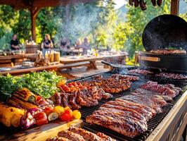Culinary gathering with grilled meats and fresh vegetables in nature photo