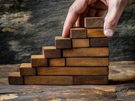 Constructing a wooden block staircase on a rustic surface photo