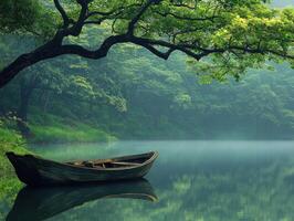 Serenity at dawn with a boat on a tranquil lake surrounded by trees photo