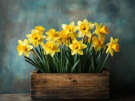 Daffodils in a wooden planter showcasing spring beauty at home photo