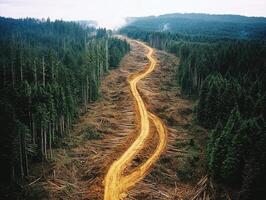 Logging road cuts through dense forest landscape in winter photo