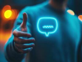A person offers a handshake at night, illuminated by colorful lights photo
