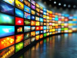Colorful display of screens showcases various visual content photo