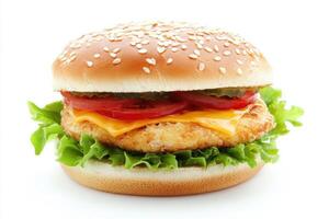 Delicious crispy chicken sandwich with fresh toppings and sesame bun photo