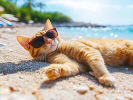 Cat relaxes on the beach with stylish sunglasses in sunny weather photo