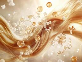 Hair floating gracefully in bubbles and soft petals photo