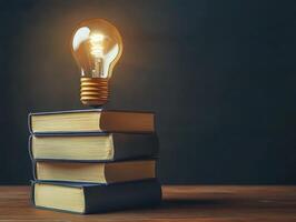 Light bulb on stacked books, symbolizing knowledge and ideas photo