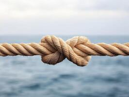 Knot made from thick rope secured over water background photo