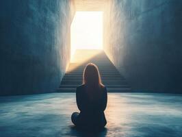 Person meditating in a serene space with light and stairs photo