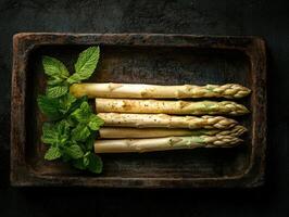 Fresh asparagus and mint arranged on a rustic wooden tray photo