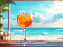 Refreshing drink on a table near the beach on a sunny day photo