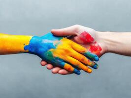 Colorful hands unite in creativity at an art event photo