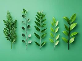 Diverse green foliage arranged on a solid green background photo