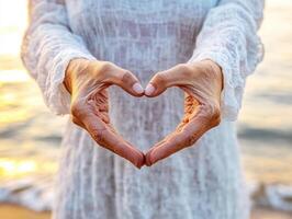 Hands forming a heart shape against a sunset background photo