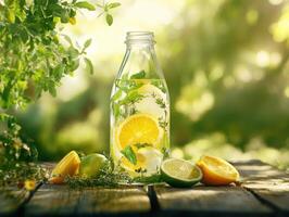 Refreshing lemon and lime water with mint in a glass bottle photo