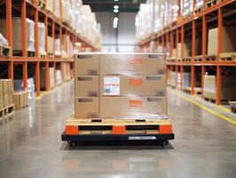 Pallet of packaged goods in a busy warehouse setting photo