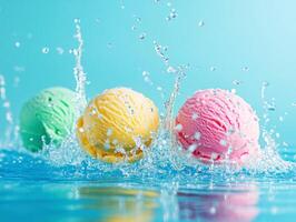 Colorful ice cream scoops splash in refreshing water photo
