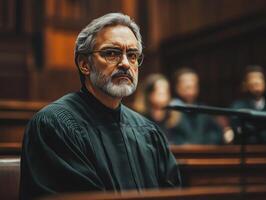 Judge presiding over court session with focus on serious deliberation photo