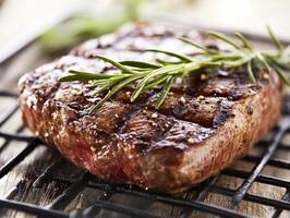 Grilled steak with rosemary on a rustic grill photo