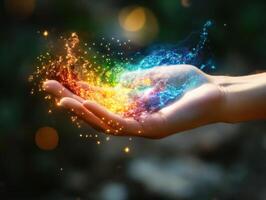 Colorful magic energy emanating from a hand in a serene setting photo