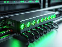 Network device with green indicators in a server room setting photo