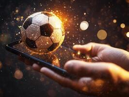 Digital soccer ball levitating above smartphone screen at night photo