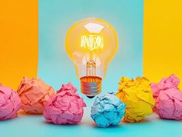 Creative light bulb surrounded by colorful crumpled paper balls photo