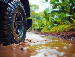 Off-road journey through muddy terrain in lush forested area photo