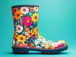 Colorful floral rain boot against a bright backdrop photo