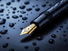 Elegant fountain pen resting on a wet surface with droplets photo