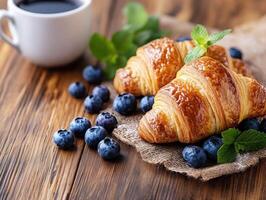 Enjoying croissants and blueberries with coffee in a cozy setting photo