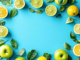 Fresh fruits and greens arranged on a vibrant blue background photo