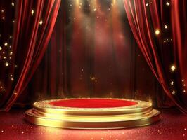 Spotlight on an elegant stage with red curtains and golden accents photo