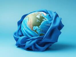 World globe wrapped in blue fabric against a blue background photo