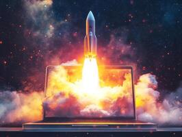 Rocket launch from laptop screen creates stunning cosmic display photo