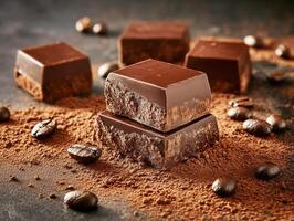 Rich dark chocolate blocks surrounded by coffee beans and cocoa powder photo