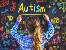 Child writing about autism on a colorful chalkboard in a classroom photo
